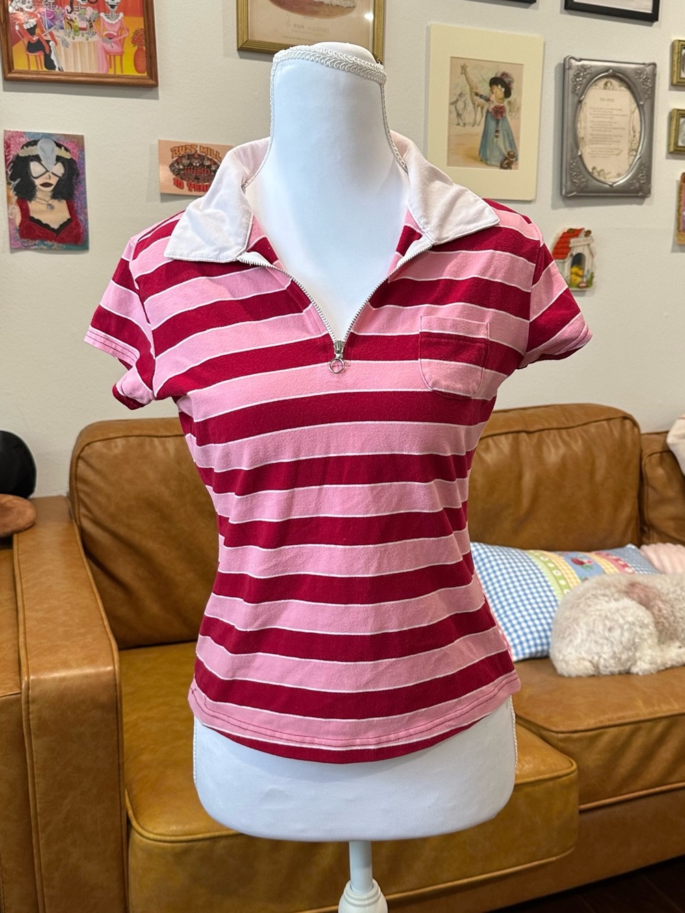 Striped Pink Short-Sleeve Polo Top with Zip